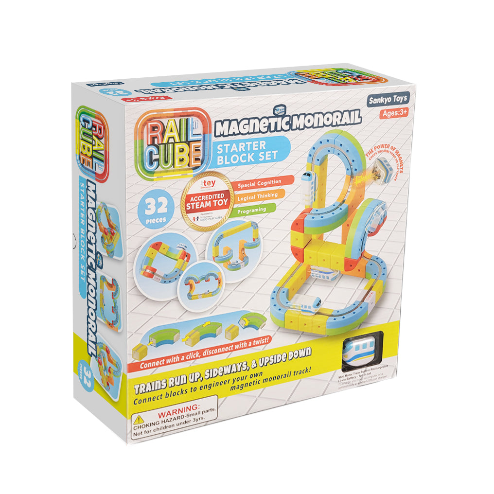 Box of Rail Cube Magnetic Monorail Starter Block Set on a white background