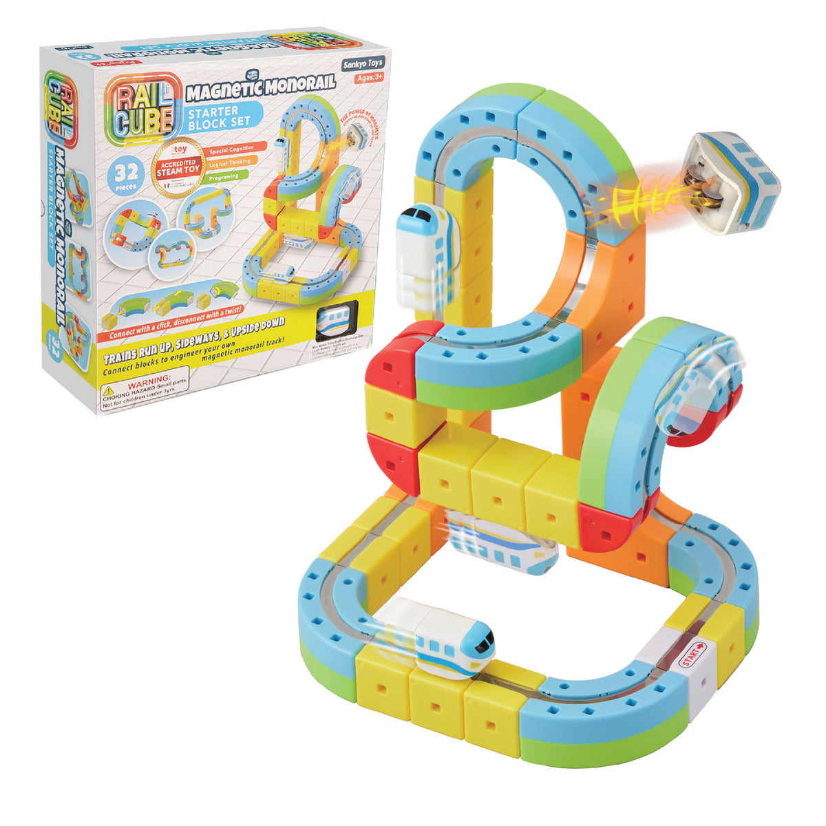 Colorful magnetic monorail toy set with train and packaging on a white background