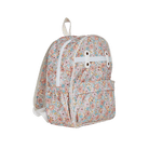 A small backpack with a pastel floral and butterfly pattern on a light pink background, featuring a white horizontal strap across the top front with two gold-tone grommets and a cream-colored top handle, shown against a plain white background.