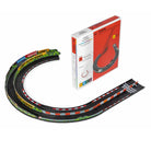 Model train track set with a box on a white background