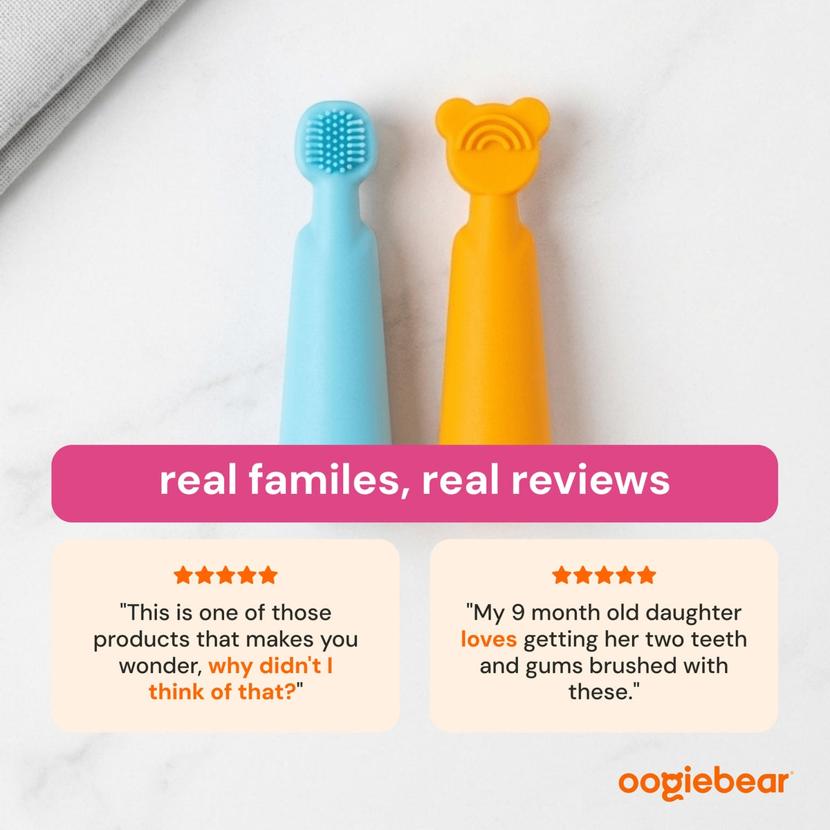 Two colorful toothbrushes with a 'oogiebear' logo and customer reviews on a white background.