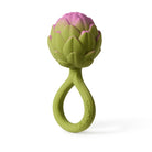 Oli & Carol Artichoke Rattle Toy featuring a textured, bulbous pink-and-green artichoke top attached to a smooth, easy-to-grasp green ring handle, shown upright against a clean white background.