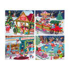 A 4-piece Christmas-themed jigsaw puzzle set featuring festive scenes: a decorated Christmas tree and market stall, a red carriage with toys, a Santa's toys bakery, and animals ice skating in the snow.