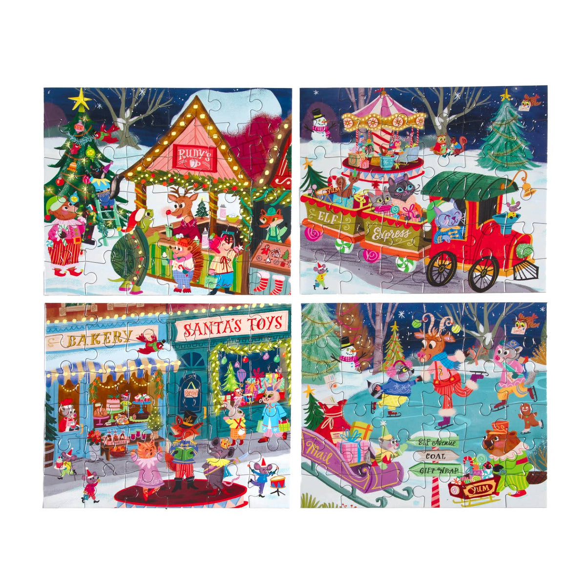 A 4-piece Christmas-themed jigsaw puzzle set featuring festive scenes: a decorated Christmas tree and market stall, a red carriage with toys, a Santa's toys bakery, and animals ice skating in the snow.