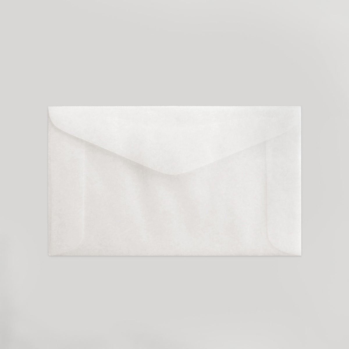 A blank white paper envelope with a closed flap, centered on a light gray background.