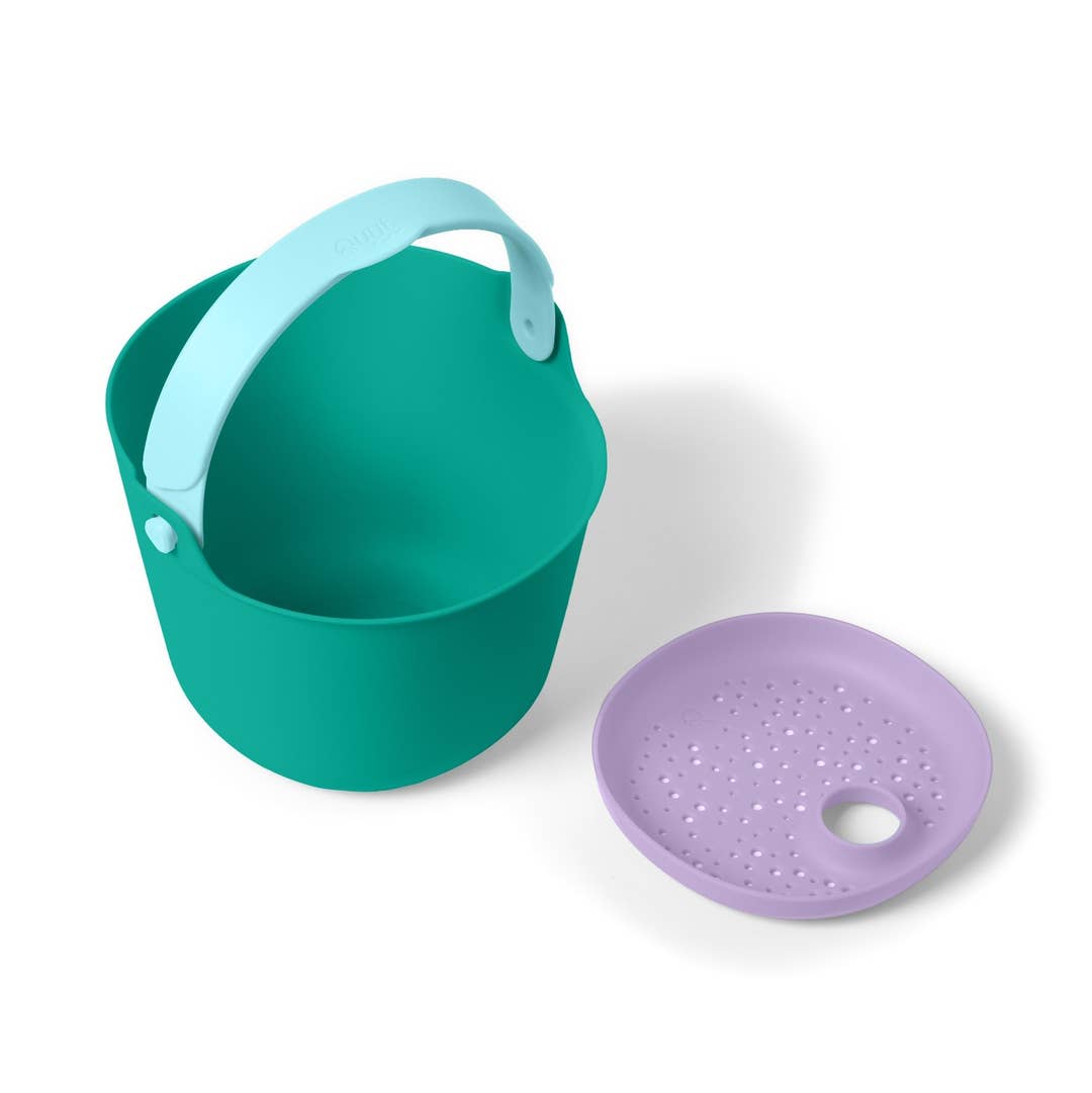 Teal bucket with a light blue handle and a purple lid on a white background