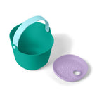 Teal bucket with a light blue handle and a purple lid on a white background