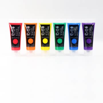 Set of six colorful tubes labeled 'Jr' on a white background