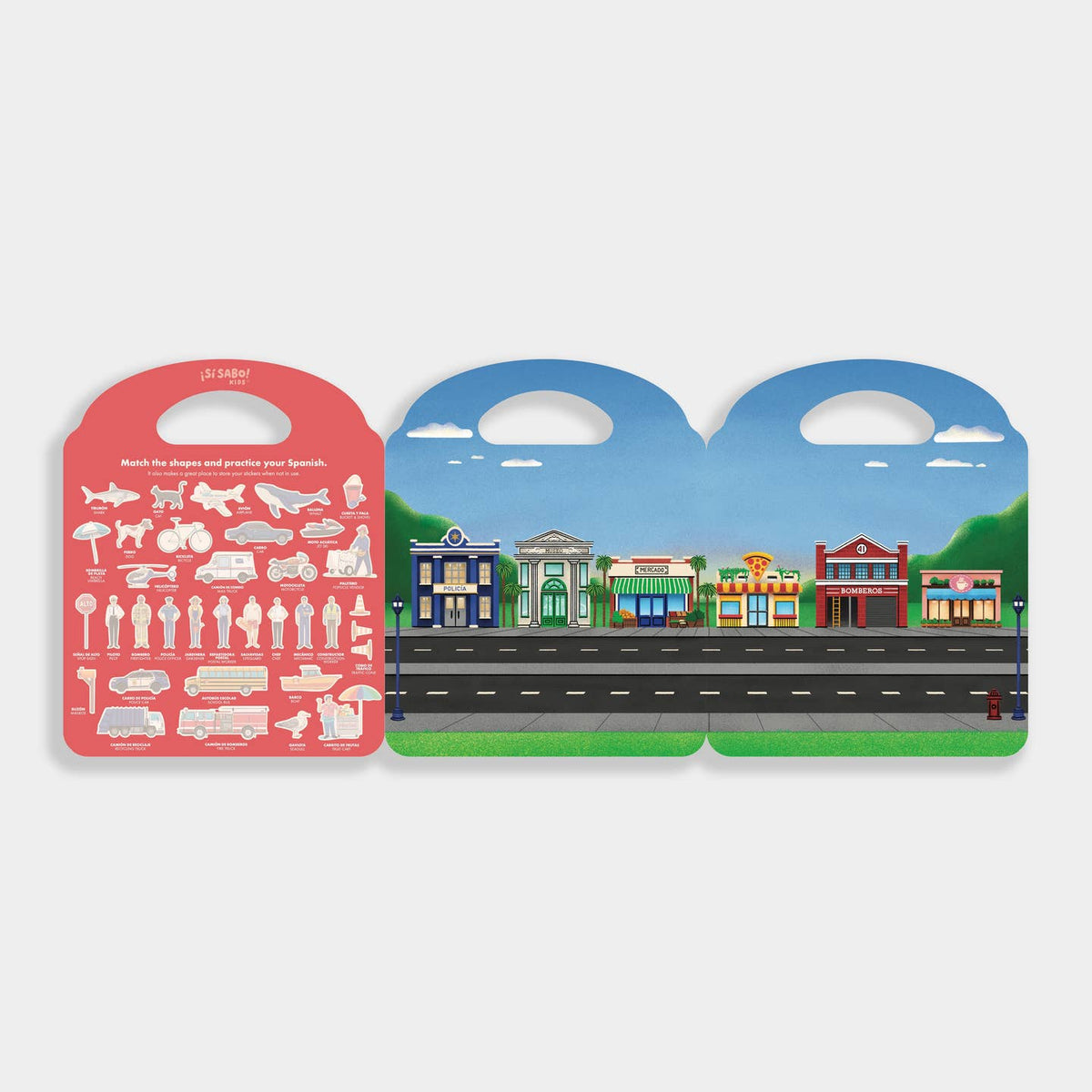Children's toy set with road, buildings, and vehicle figures on a white background