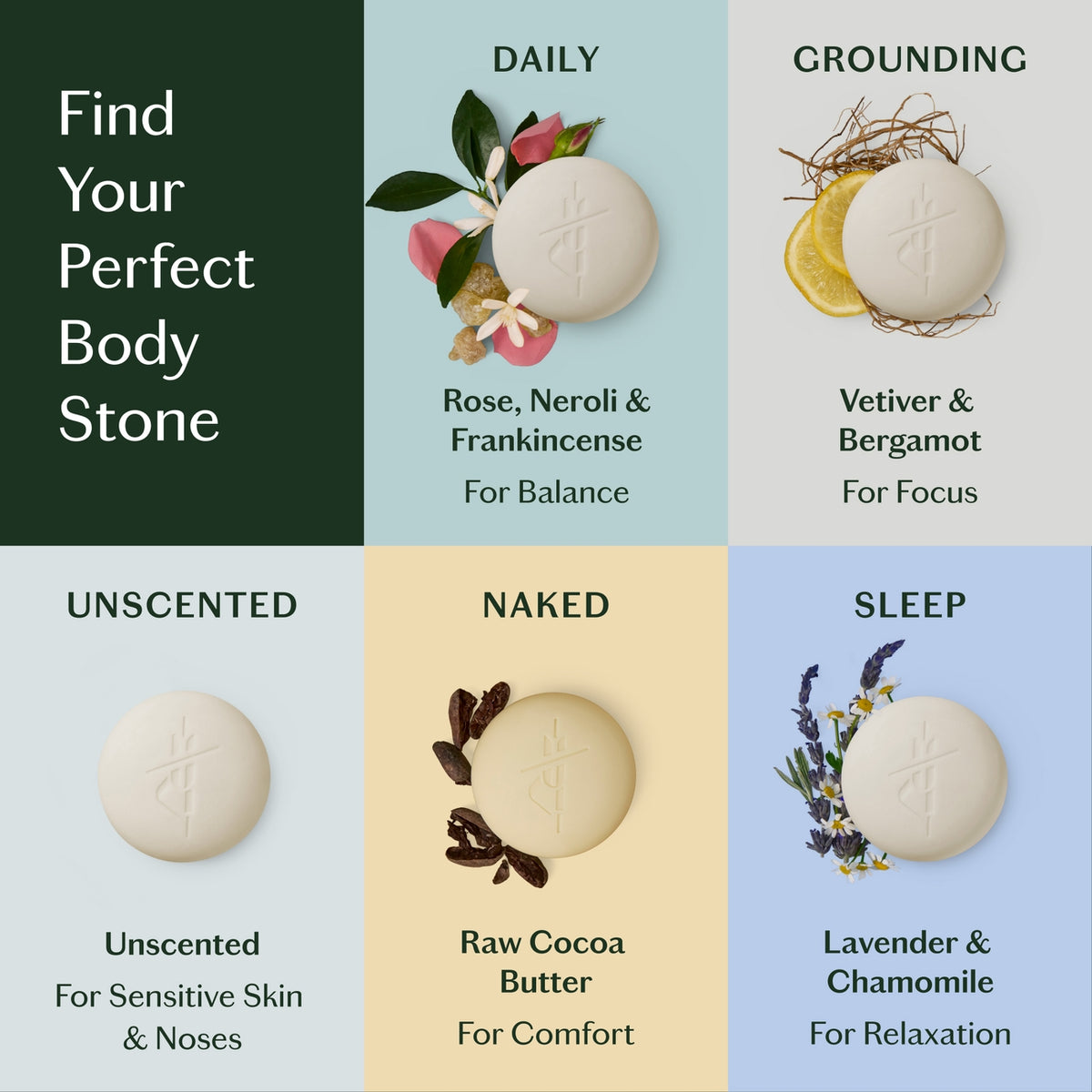 Product display with six different body stones labeled for various scents and uses.