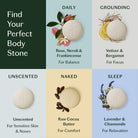 Product display with six different body stones labeled for various scents and uses.
