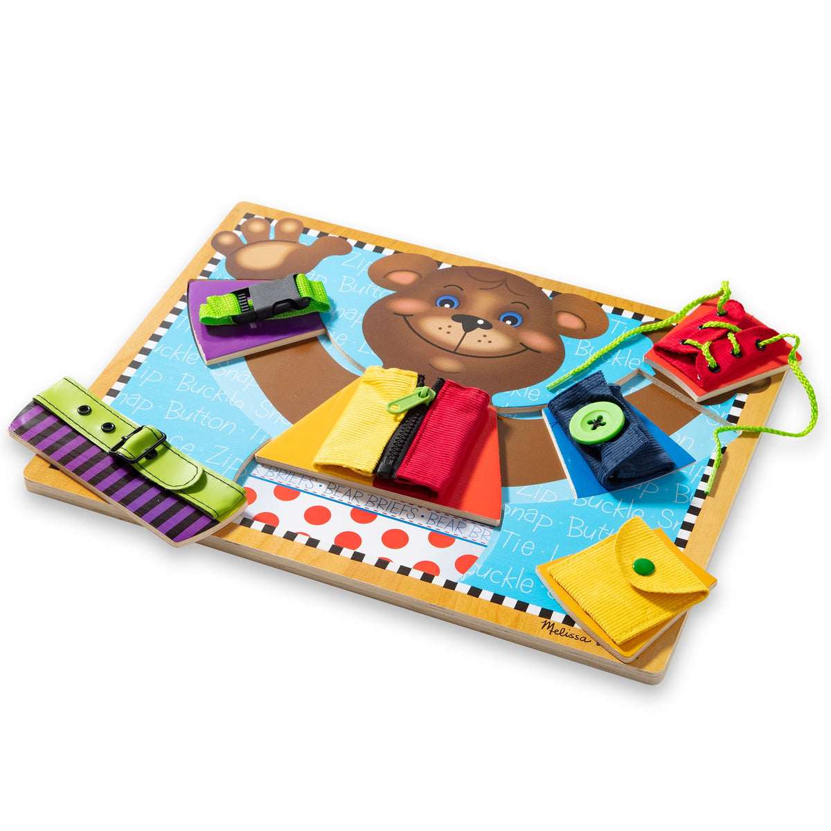 Educational toy board with bear character and various educational elements on a white background