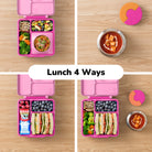 Pink bento box with various lunch compartments on a wooden surface, labeled 'Lunch 4 Ways'.