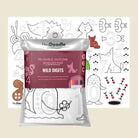 Heidi Doodle Reusable Silicone Sensory Mat 'Wild Digits' in a silver resealable pouch, shown in front of an example coloring page featuring numbers and animal shapes on a light beige background.