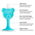 Blue bear-shaped teether with text highlighting features on a white background