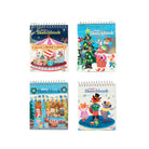 Four small sketchbooks with colorful illustrations on a white background