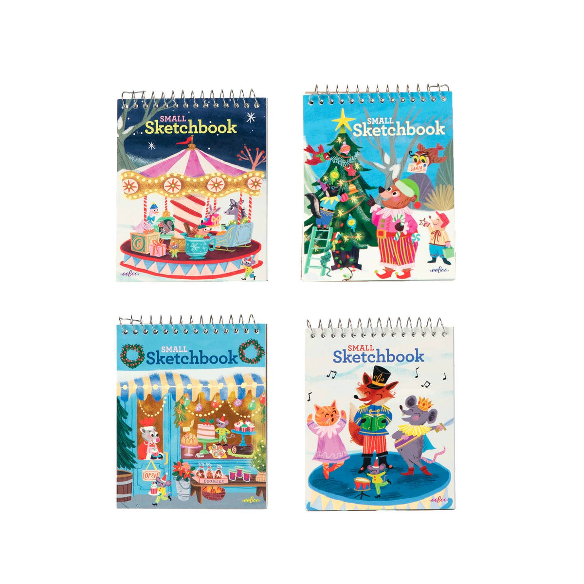 Four small sketchbooks with colorful illustrations on a white background