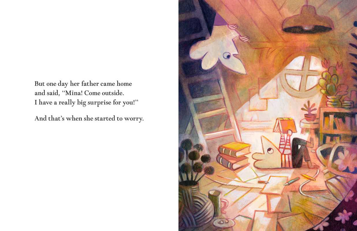 Illustration of a child's room with a cat and text about a father's surprise.