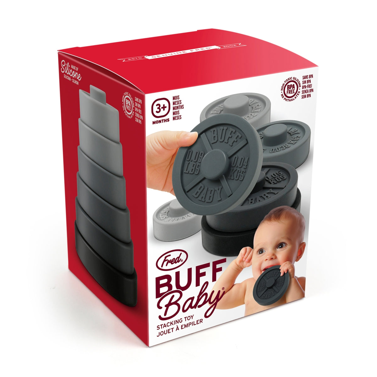 Box of Buff Baby stacking toy with a baby on the packaging