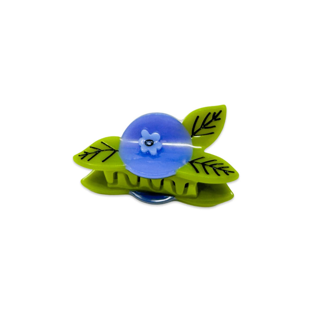 Green leaf-shaped clip with a blue center on a white background
