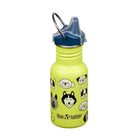 Yellow water bottle with dog illustrations and blue lid on a white background