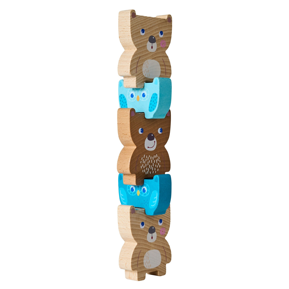 Stack of wooden animal toys with bears and a blue creature on a white background