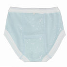 Light blue baby diaper with white trim on a white background