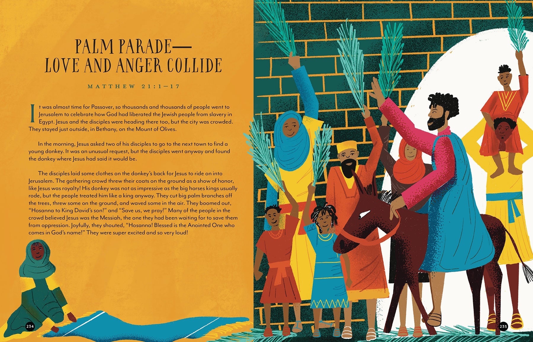 Illustrated book page with characters holding palm branches and a horse, set against a brick wall background.