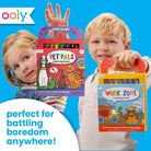 Two children holding colorful Ooly coloring books against a bright blue background. One child holds a red 'Pet Pals Coloring Book' and the other holds a yellow 'Work Zone Coloring Book'.