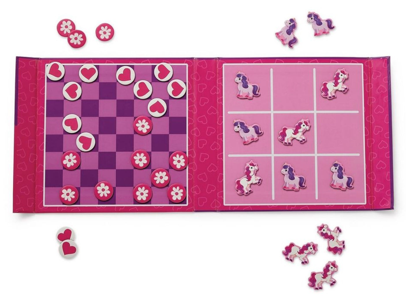 Unicorn-themed checkers game set with pieces on a pink background