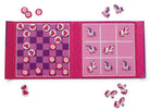 Unicorn-themed checkers game set with pieces on a pink background