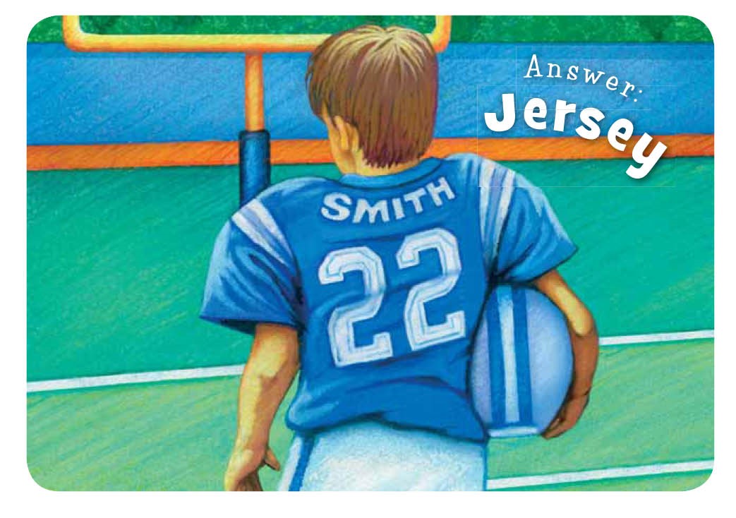 Card with a baseball player in a blue jersey on a field, labeled 'Answer: Jersey'.