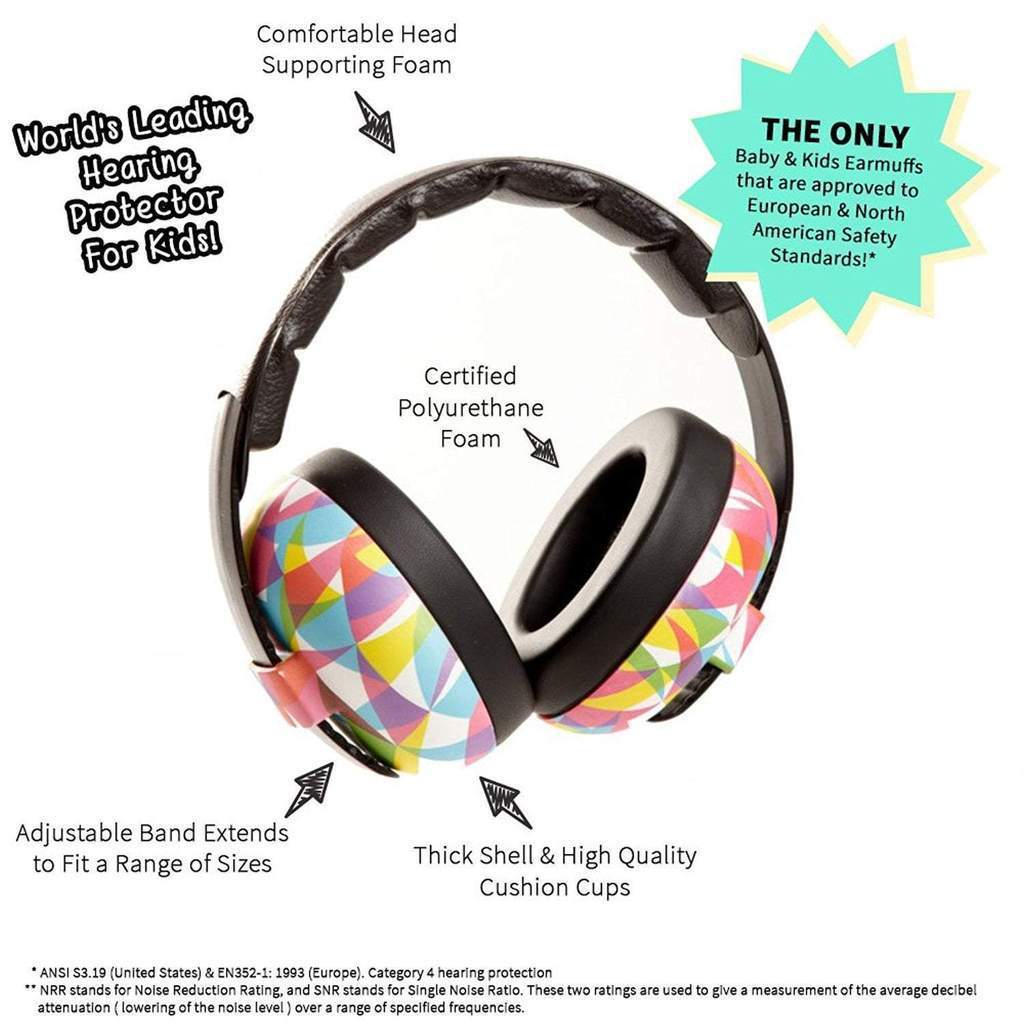 Colorful baby and kids earmuffs with text highlighting features on a white background