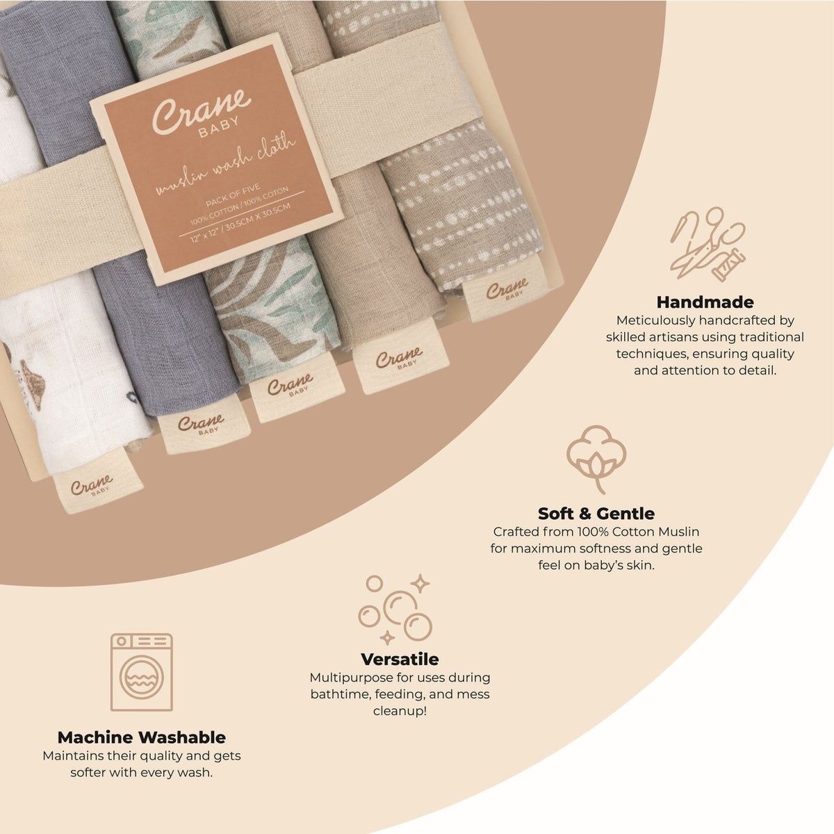 Collection of Crane Baby washcloths with branding and product features on a beige background