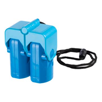 Blue plastic clip with a black cord on a white background