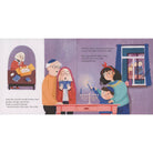 Illustrated book page showing a family gathered around a table with a menorah, singing and celebrating.