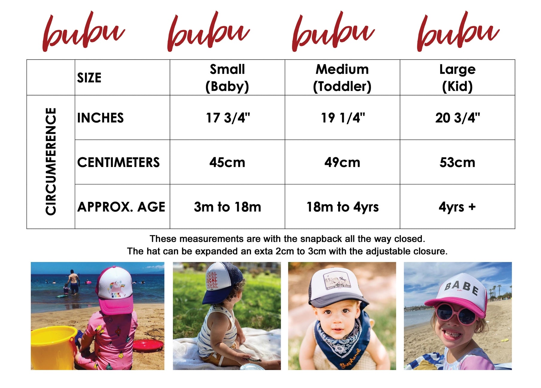 Size chart and images of children wearing hats with 'bubu' branding.