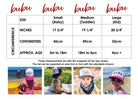 Size chart and images of children wearing hats with 'bubu' branding.