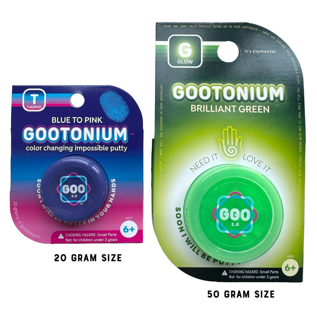 Two GooTonium putty containers shown on a white background: a smaller blue-to-pink color-changing 20 gram size in a purple card package, and a larger green 50 gram size in a green card package. Both packages display the GooTonium branding and product name.