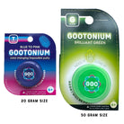 Two GooTonium putty containers shown on a white background: a smaller blue-to-pink color-changing 20 gram size in a purple card package, and a larger green 50 gram size in a green card package. Both packages display the GooTonium branding and product name.