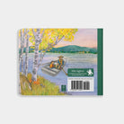 The back cover of the board book When Fall Comes, showing an illustration of a lake landscape at sunset, a barcode, price information, and publisher details for Little Bigfoot.