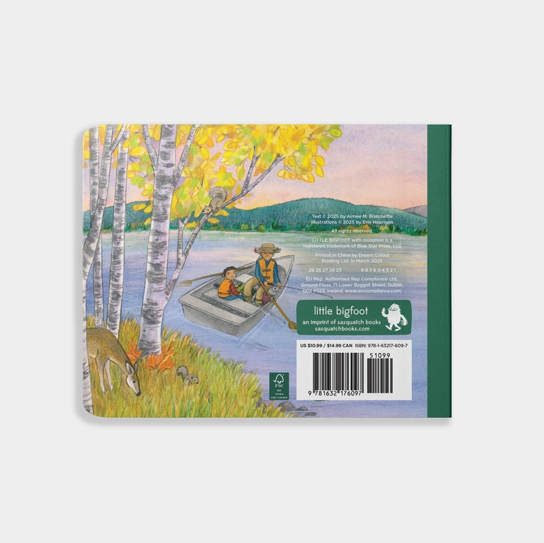 The back cover of the board book When Fall Comes, showing an illustration of a lake landscape at sunset, a barcode, price information, and publisher details for Little Bigfoot.