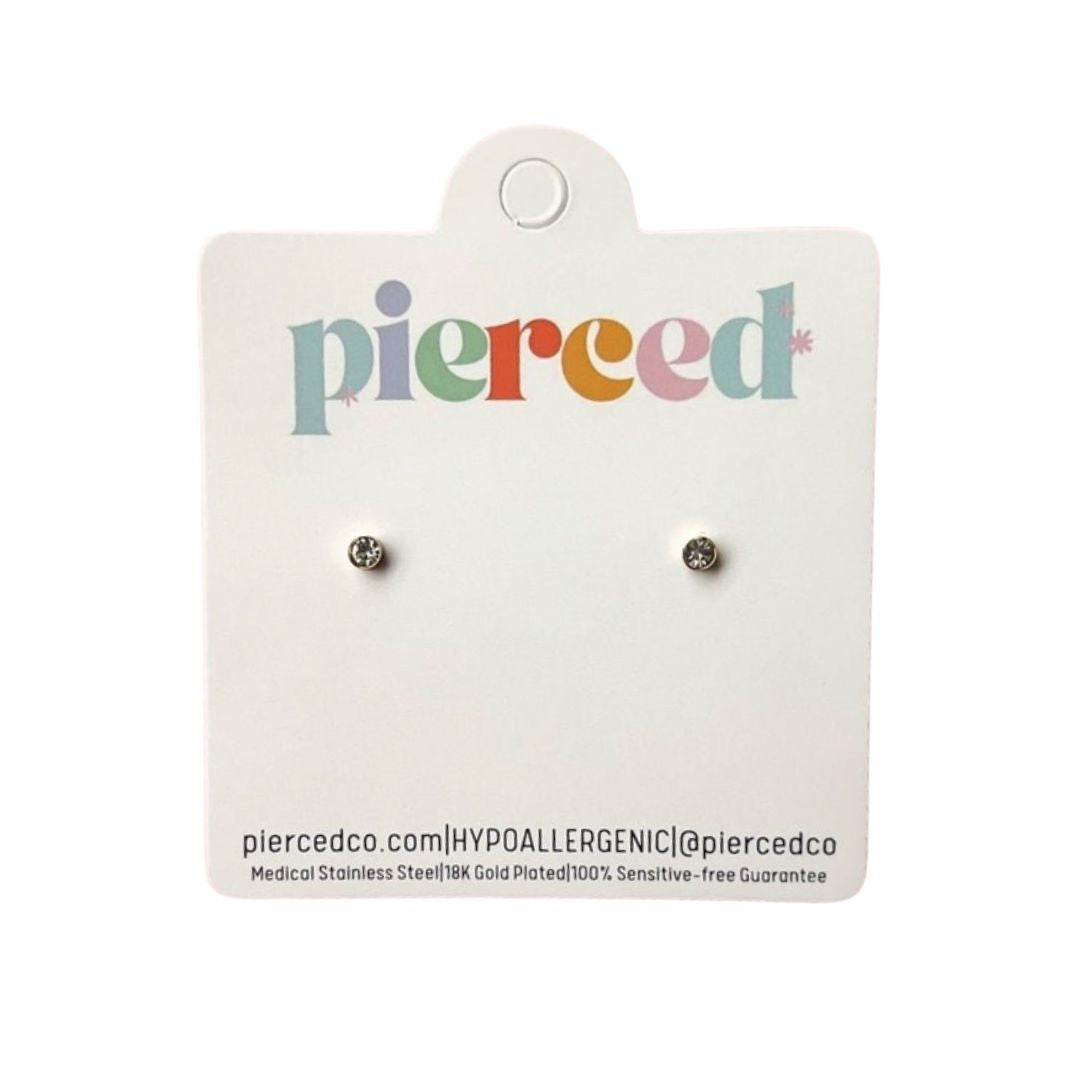 Pair of earrings on a 'pierced' branded card with product details.