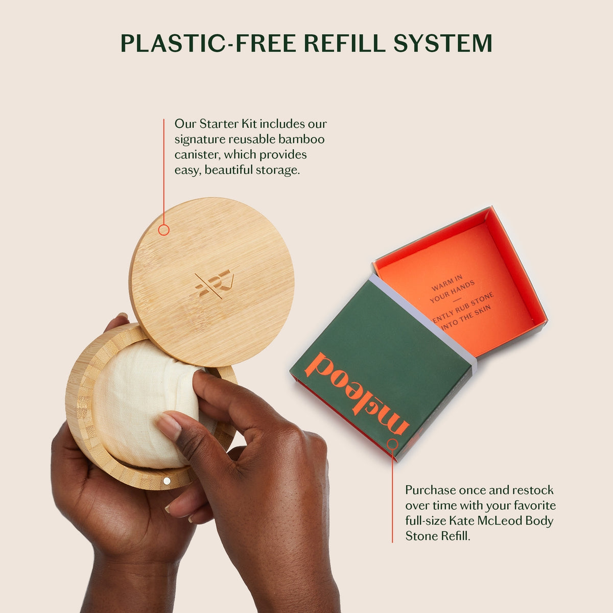 Bamboo container with a white stone, open box, and text about a plastic-free refill system.