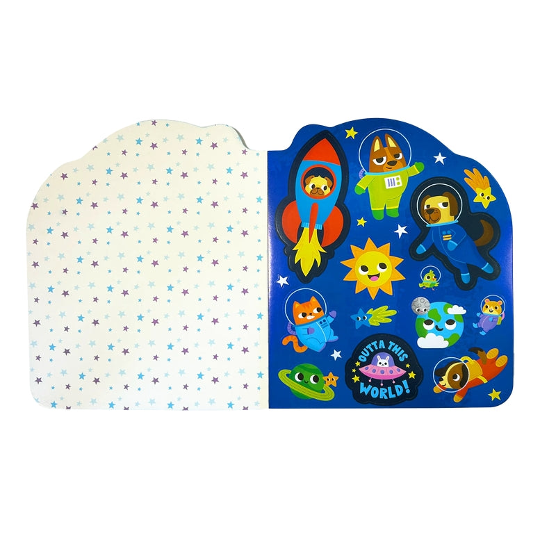 A children's wooden puzzle board with a space theme, shown open to reveal two sides: one side has a cream-colored pattern of small stars, and the other side features colorful cartoon astronauts, planets, a rocket, and the text 'NUTTA ZVA WORLD!'.