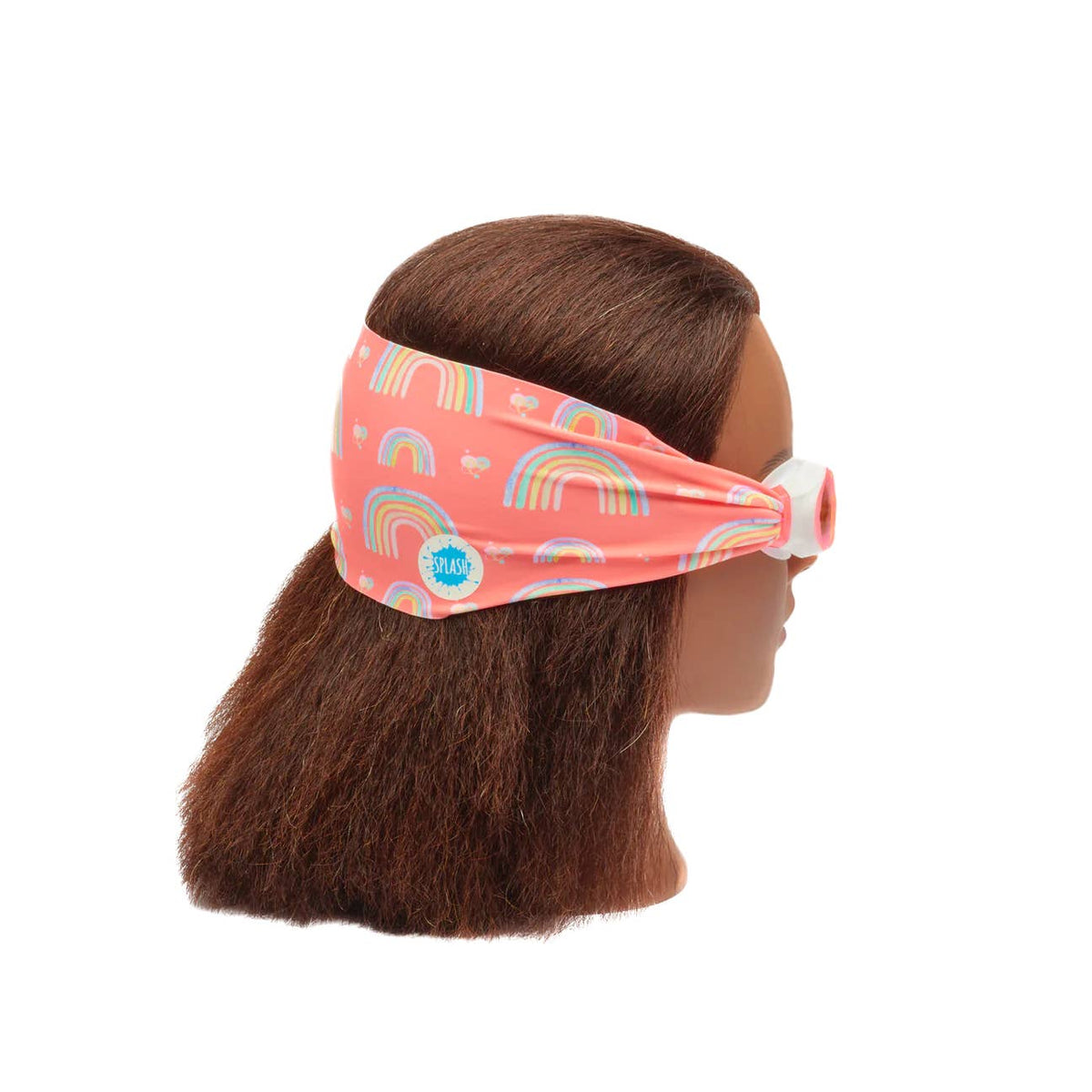Mannequin head with a colorful rainbow-patterned headband on a white background