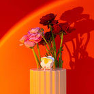 Flowers in a vase on a pedestal against a red background