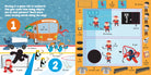 A colorful children's educational poster about hockey, showing illustrated scenes of players on an ice rink with numbered callouts and a vocabulary grid listing hockey terms such as puck, goalie, skates, and goals.