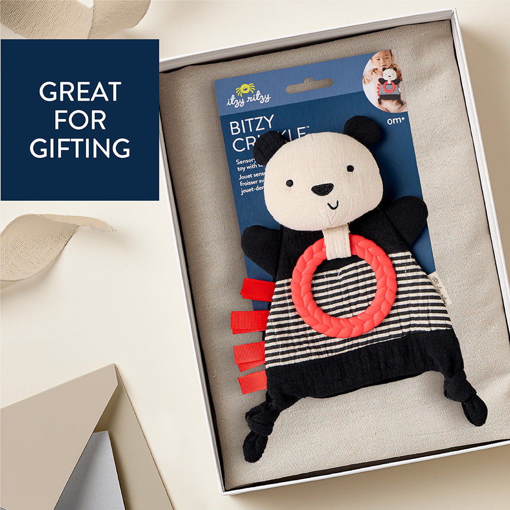Panda toy in packaging with text 'Great for Gifting' on a neutral background