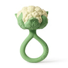 Green silicone teether shaped like a cauliflower on a white background